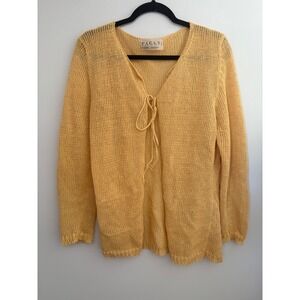 PAChY Womens Large Yellow Tie Front Linen‎ Open Knit Cardigan Cover Up Top